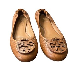 Tory Burch Royal Tan Pebble Leather Flats Shoes